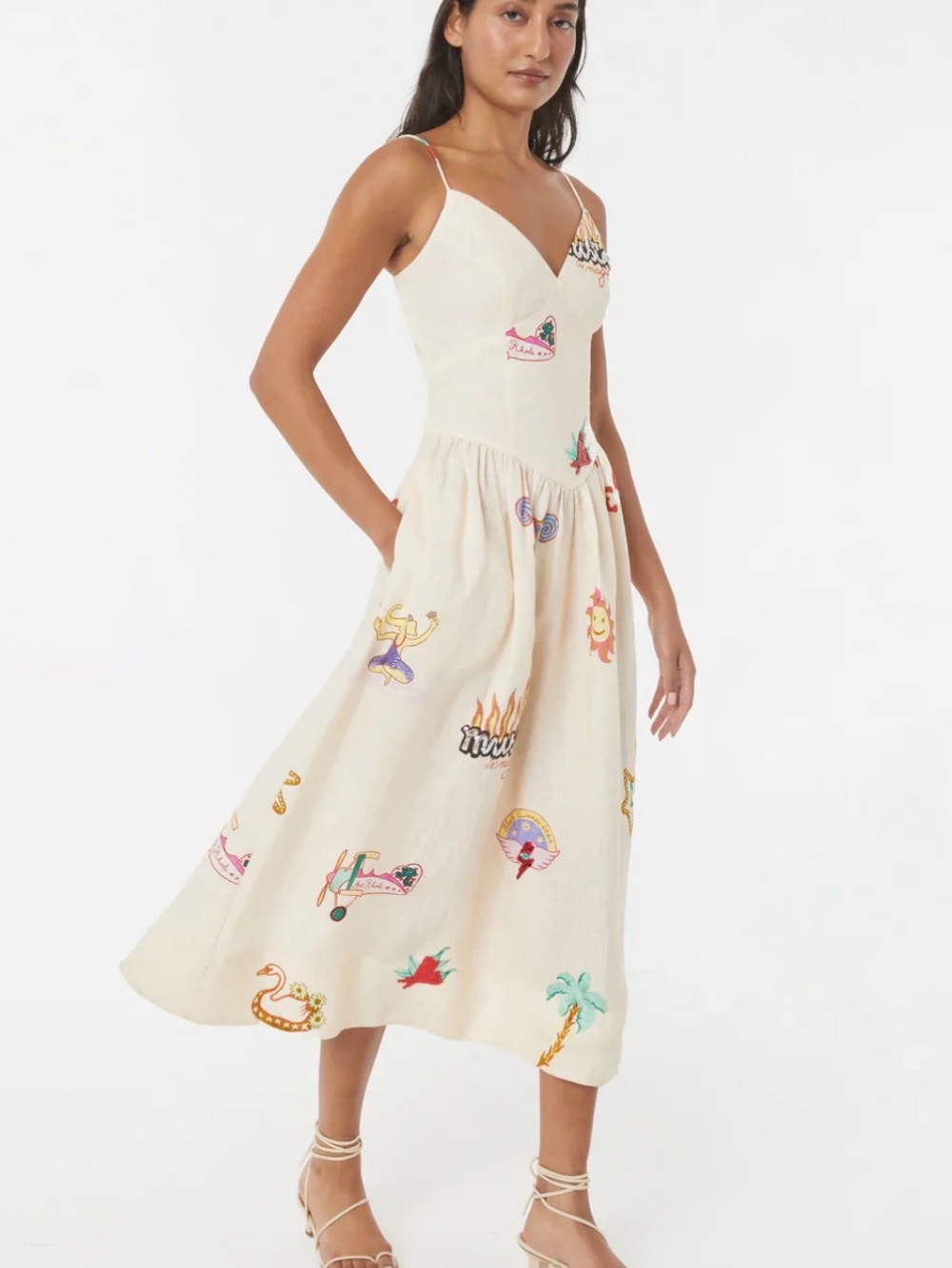 RHODE Cream Embroidered Spaghetti-Strap Midi Dress